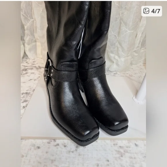 Universal Thread Black Faux Leather Wide Calf Riding Square Pointed Toe Boots - Picture 4 of 7